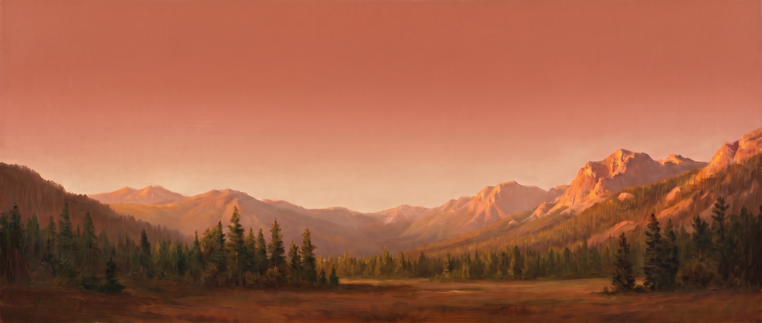 Painted landscape: mountain peaks above a conifer treeline and an open meadow at first light